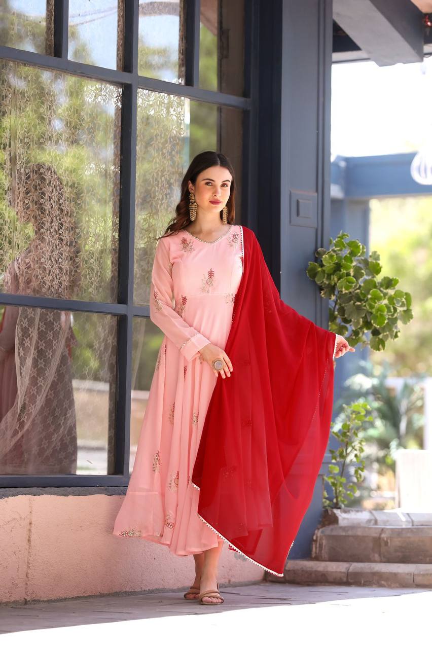 Pakistani Style Pink Georgette Gown with Dupatta