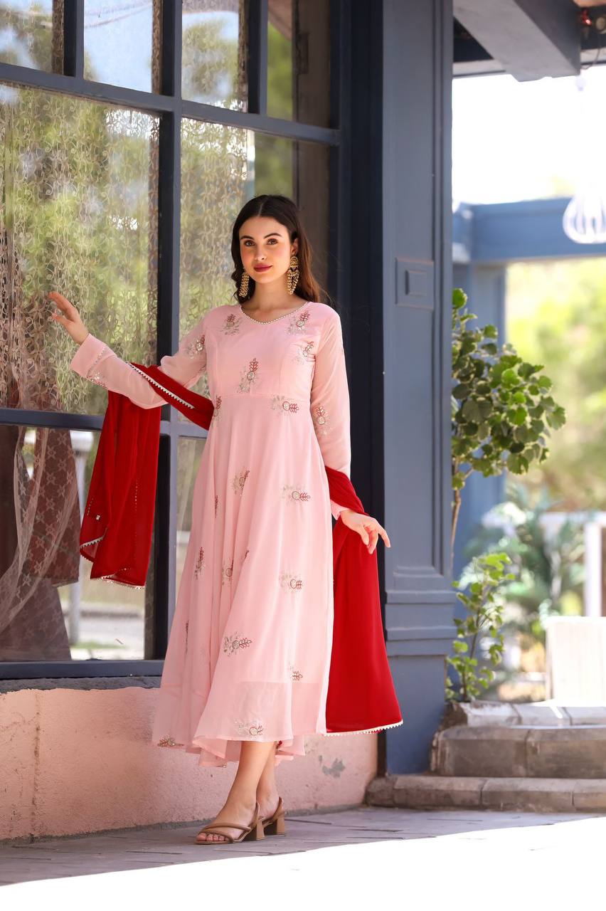 Pakistani Style Pink Georgette Gown with Dupatta