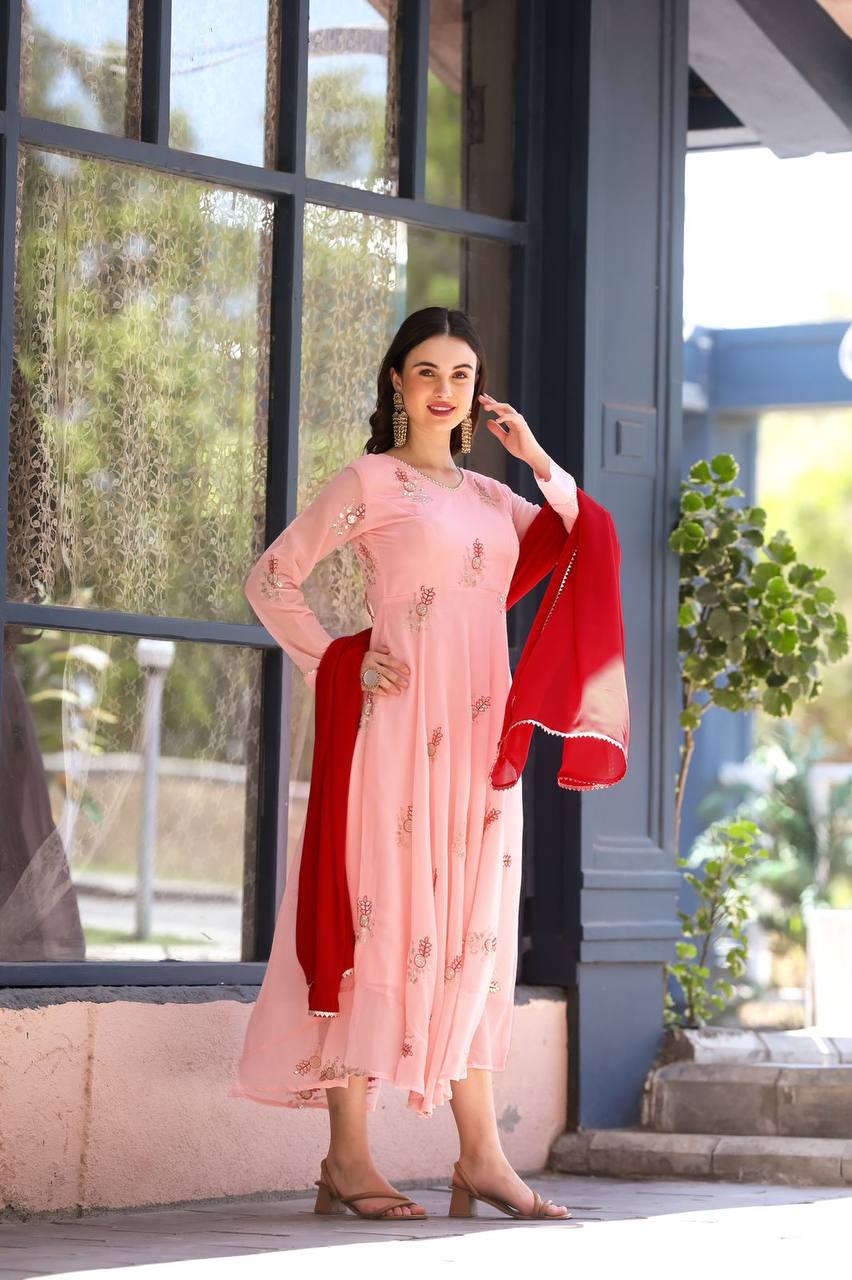 Pakistani Style Pink Georgette Gown with Dupatta