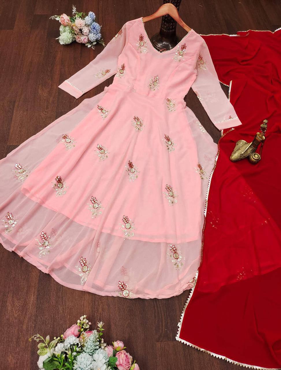 Pakistani Style Pink Georgette Gown with Dupatta