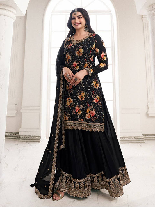 Elegant Pure Chinon Silk Kurti Palazzo Dupatta Set with Embroidery and Sequins Work