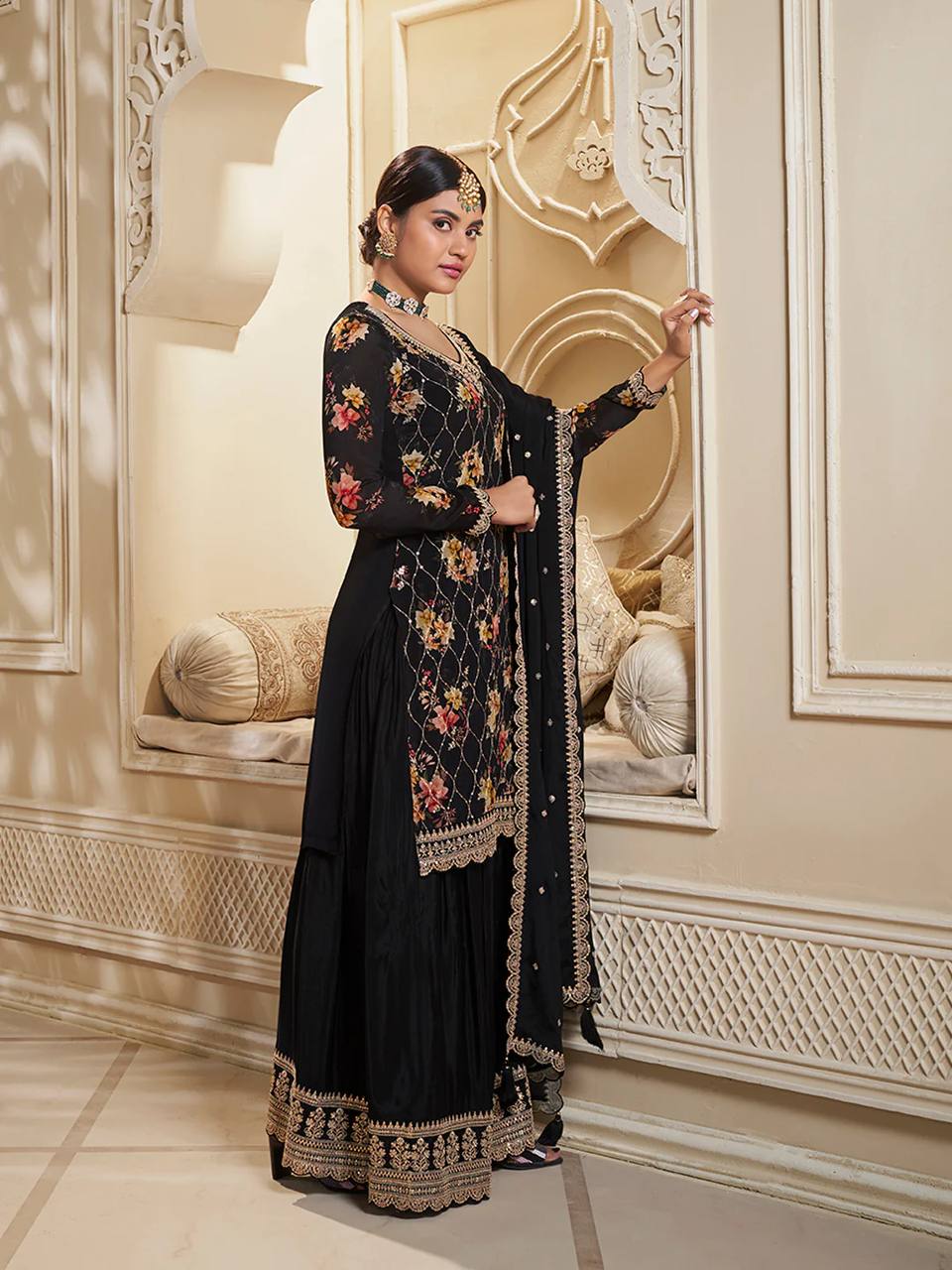 Elegant Pure Chinon Silk Kurti Palazzo Dupatta Set with Embroidery and Sequins Work