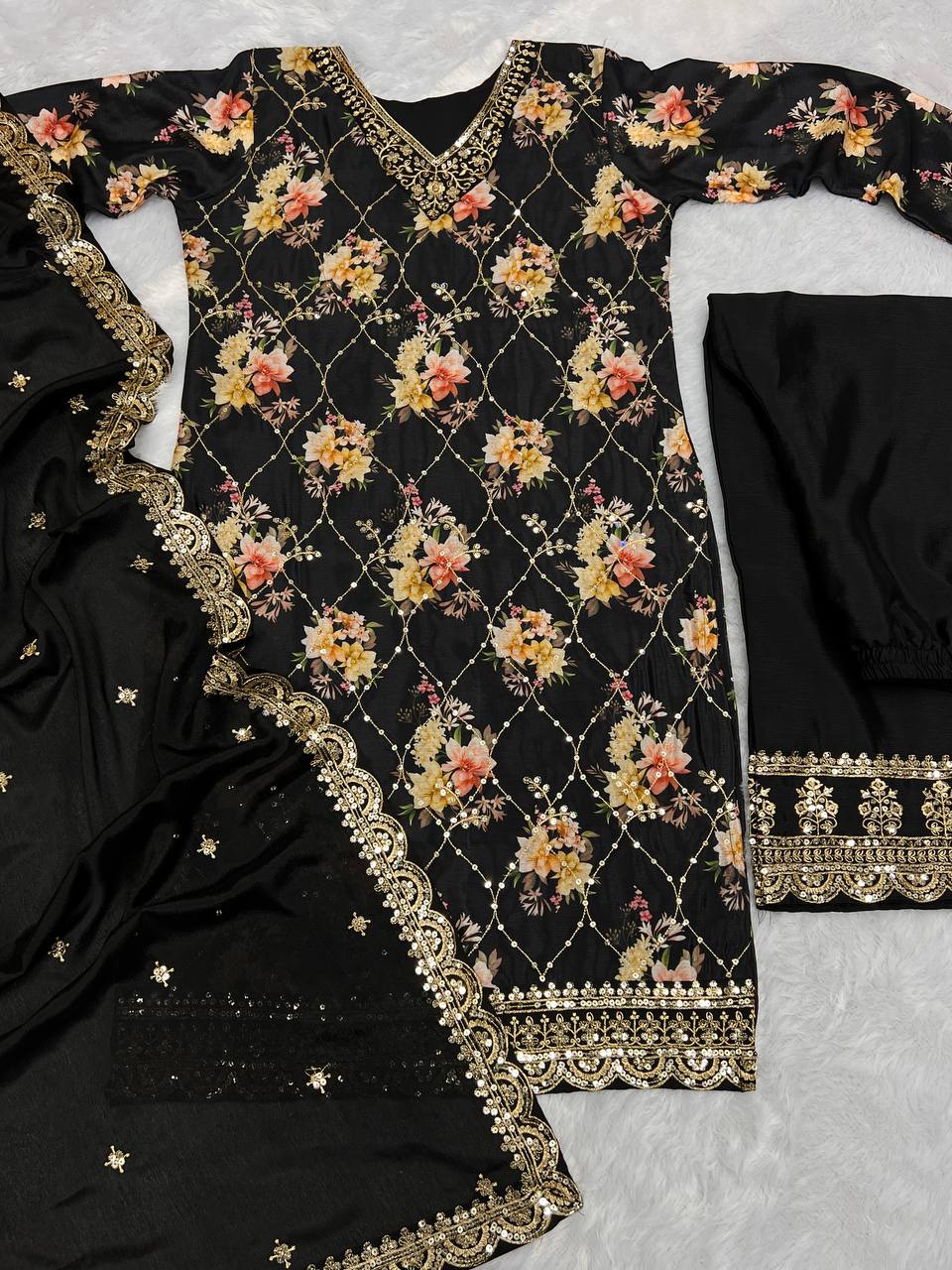 Elegant Pure Chinon Silk Kurti Palazzo Dupatta Set with Embroidery and Sequins Work