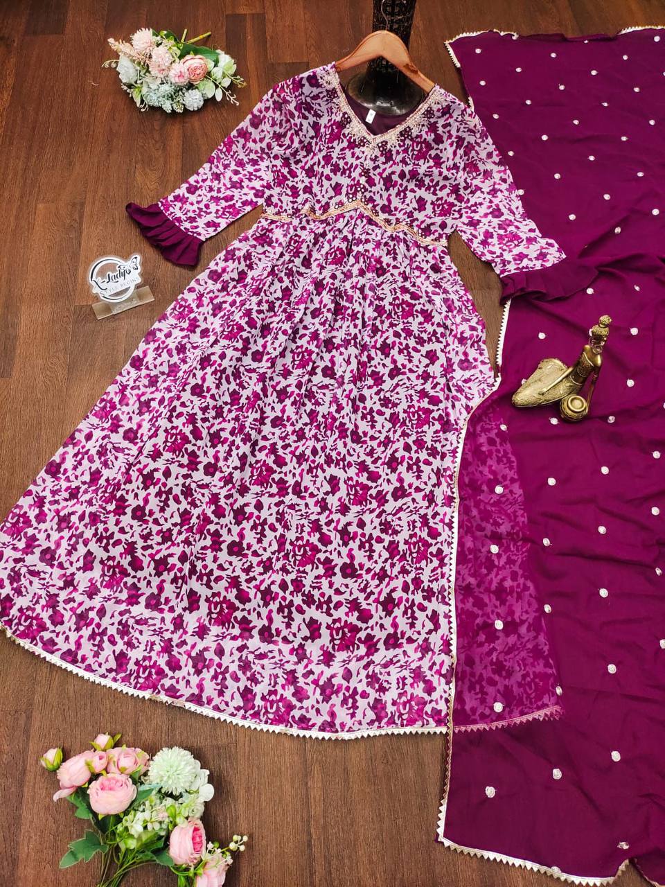 Stylish Floral Printed Alia Cut Anarkali Gown with Dupatta