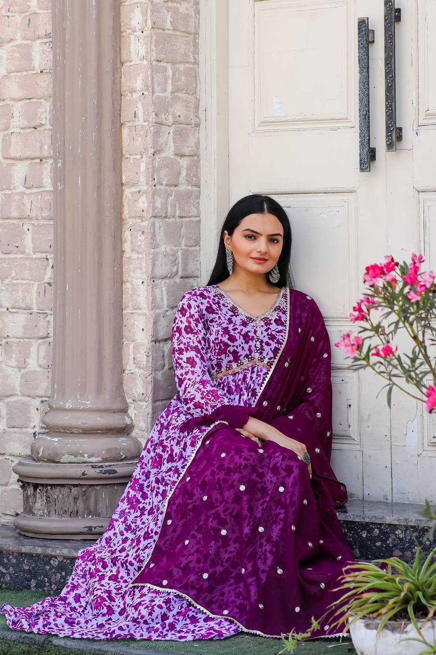 Stylish Floral Printed Alia Cut Anarkali Gown with Dupatta