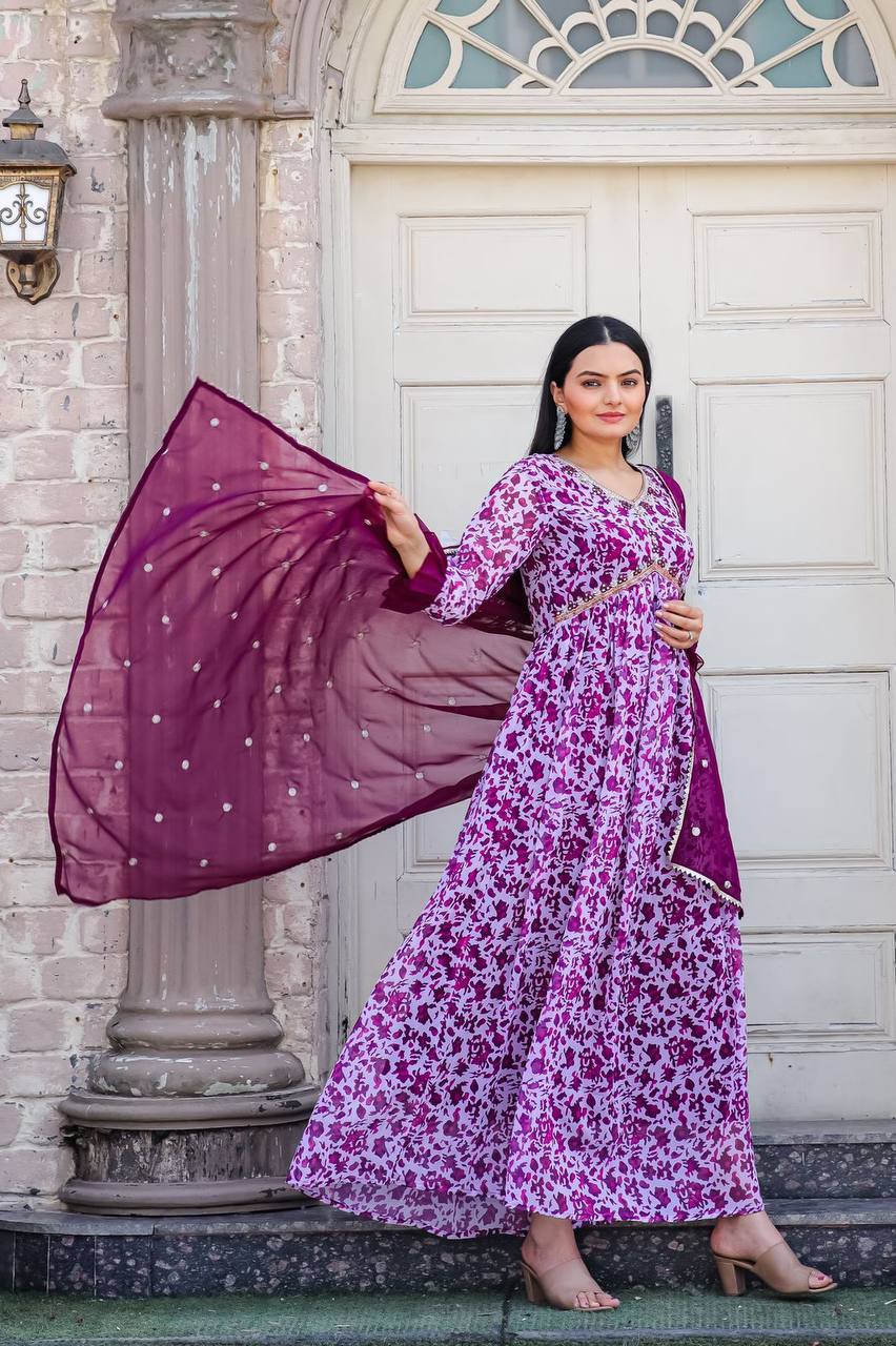 Stylish Floral Printed Alia Cut Anarkali Gown with Dupatta