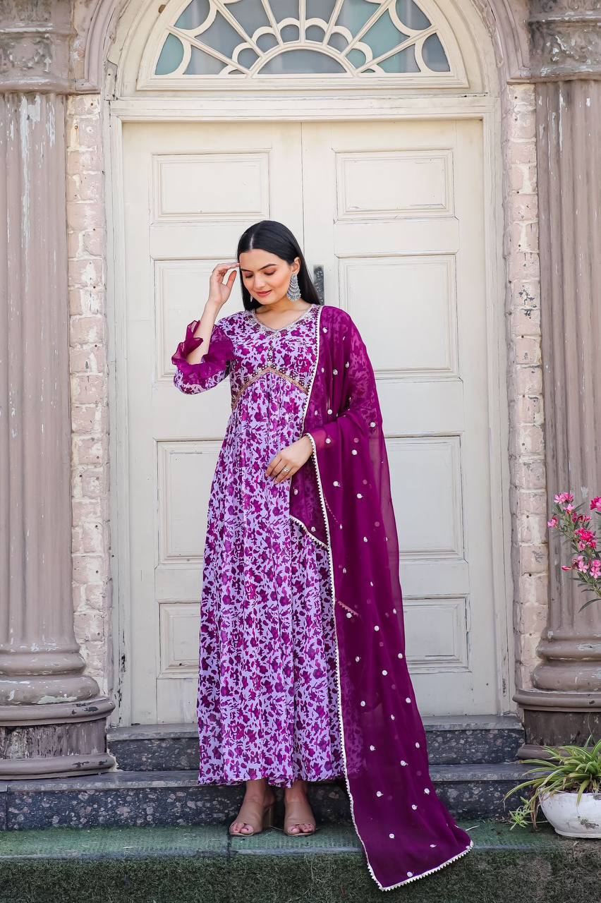 Stylish Floral Printed Alia Cut Anarkali Gown with Dupatta