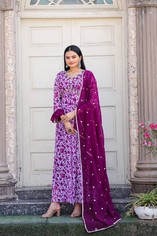 Stylish Floral Printed Alia Cut Anarkali Gown with Dupatta