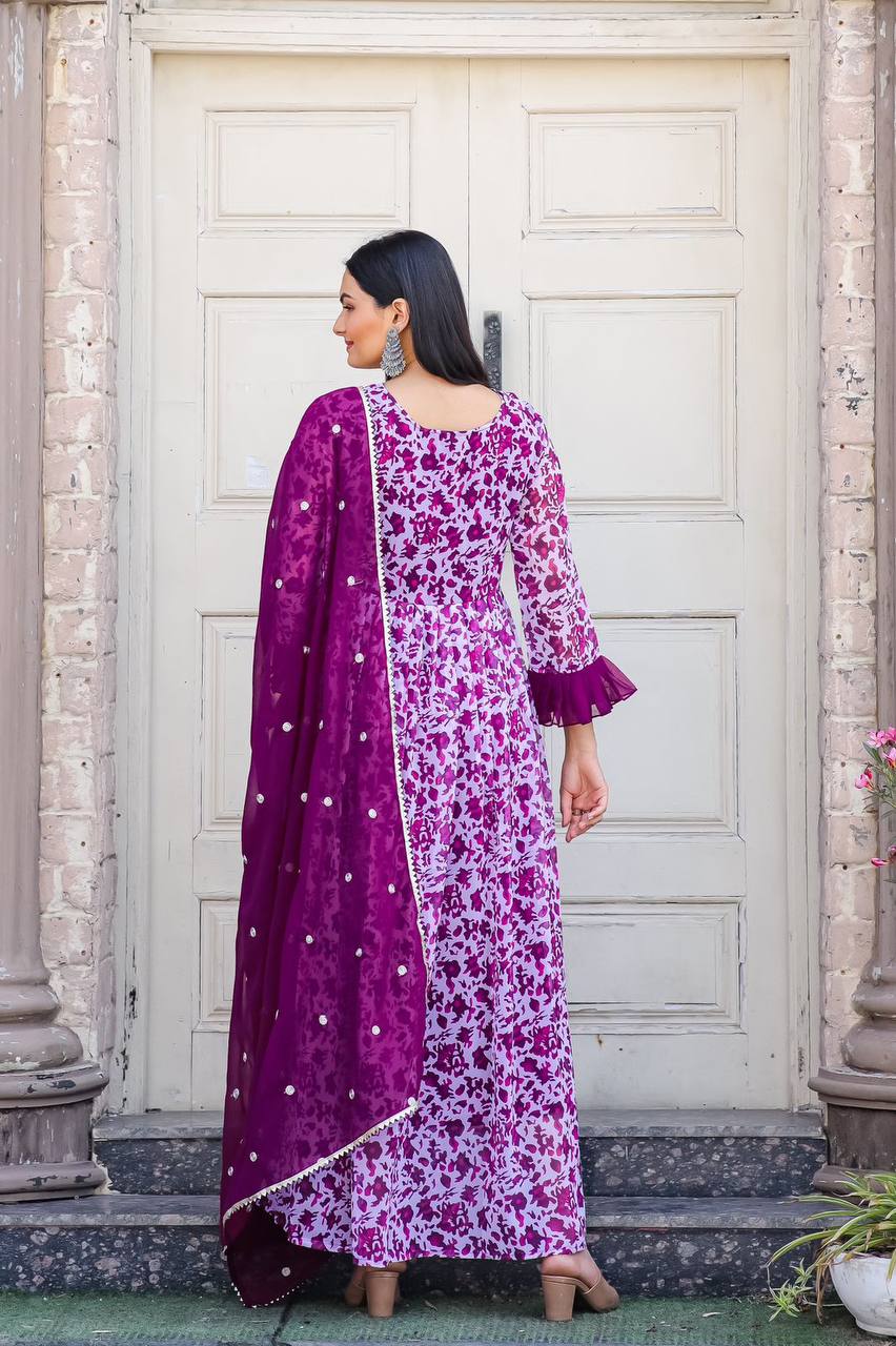 Stylish Floral Printed Alia Cut Anarkali Gown with Dupatta