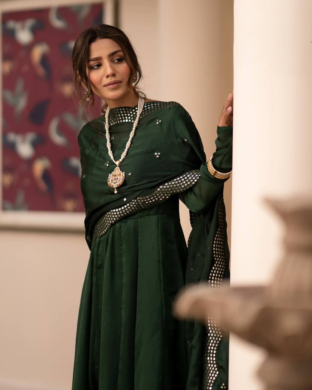 Premium Green Roman Cotton Gown Suit Set with Full Inner Lining and Embroidered Dupatta