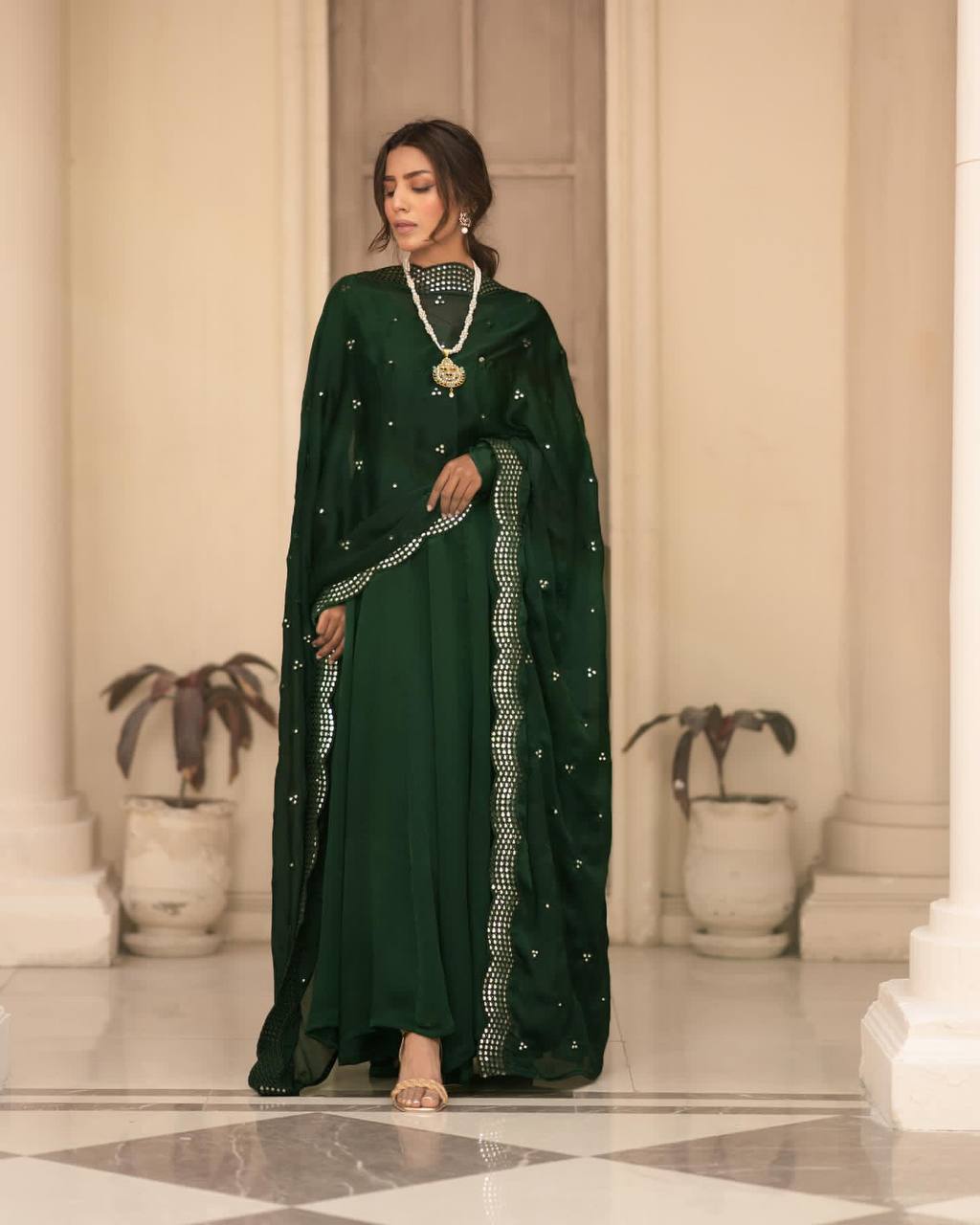 Premium Green Roman Cotton Gown Suit Set with Full Inner Lining and Embroidered Dupatta