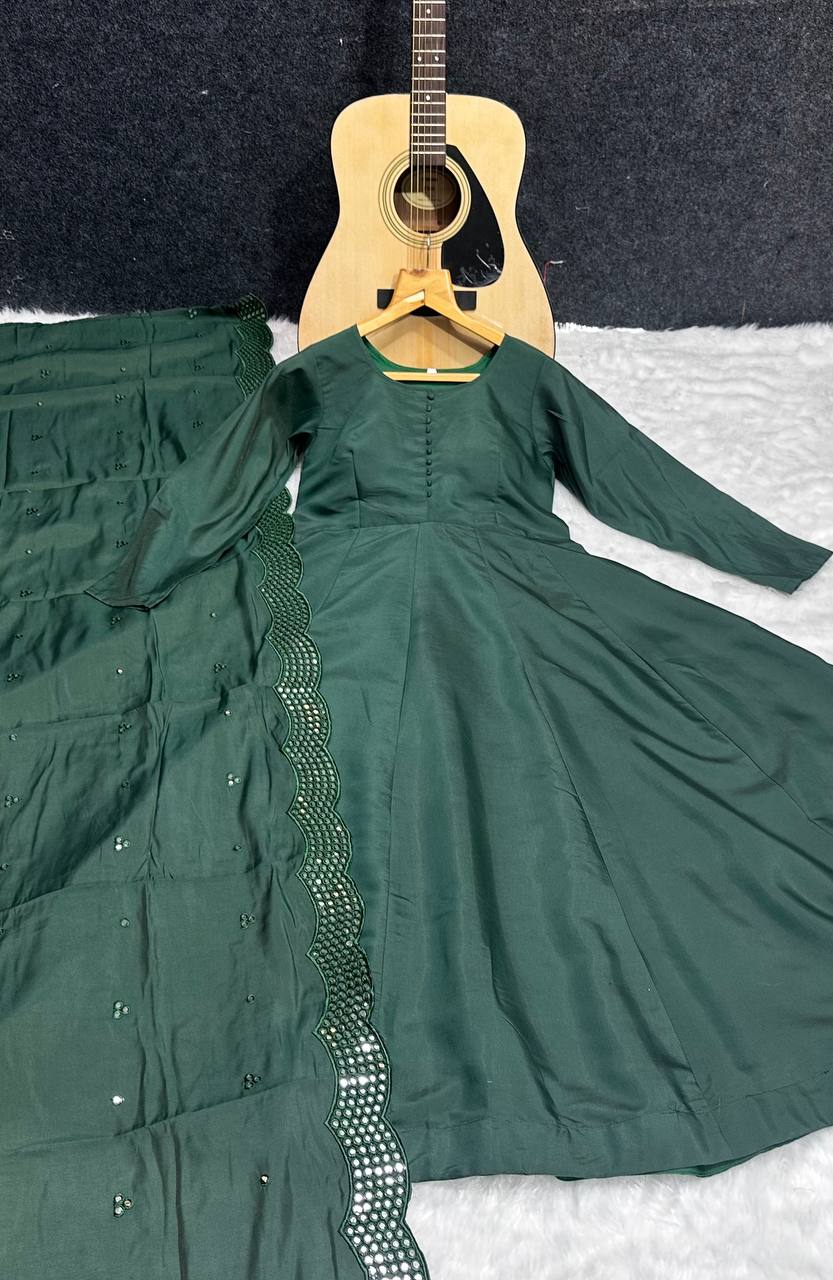 Premium Green Roman Cotton Gown Suit Set with Full Inner Lining and Embroidered Dupatta