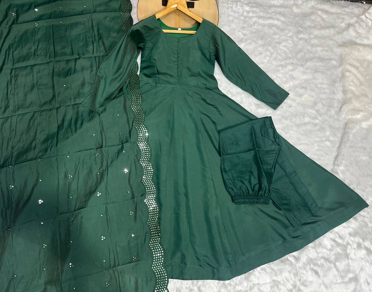 Premium Green Roman Cotton Gown Suit Set with Full Inner Lining and Embroidered Dupatta