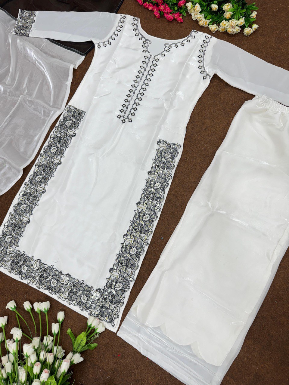 Heavy Embroidered, Designer Free Size Jimmy Choo White Kurti Palazzo Suit Set