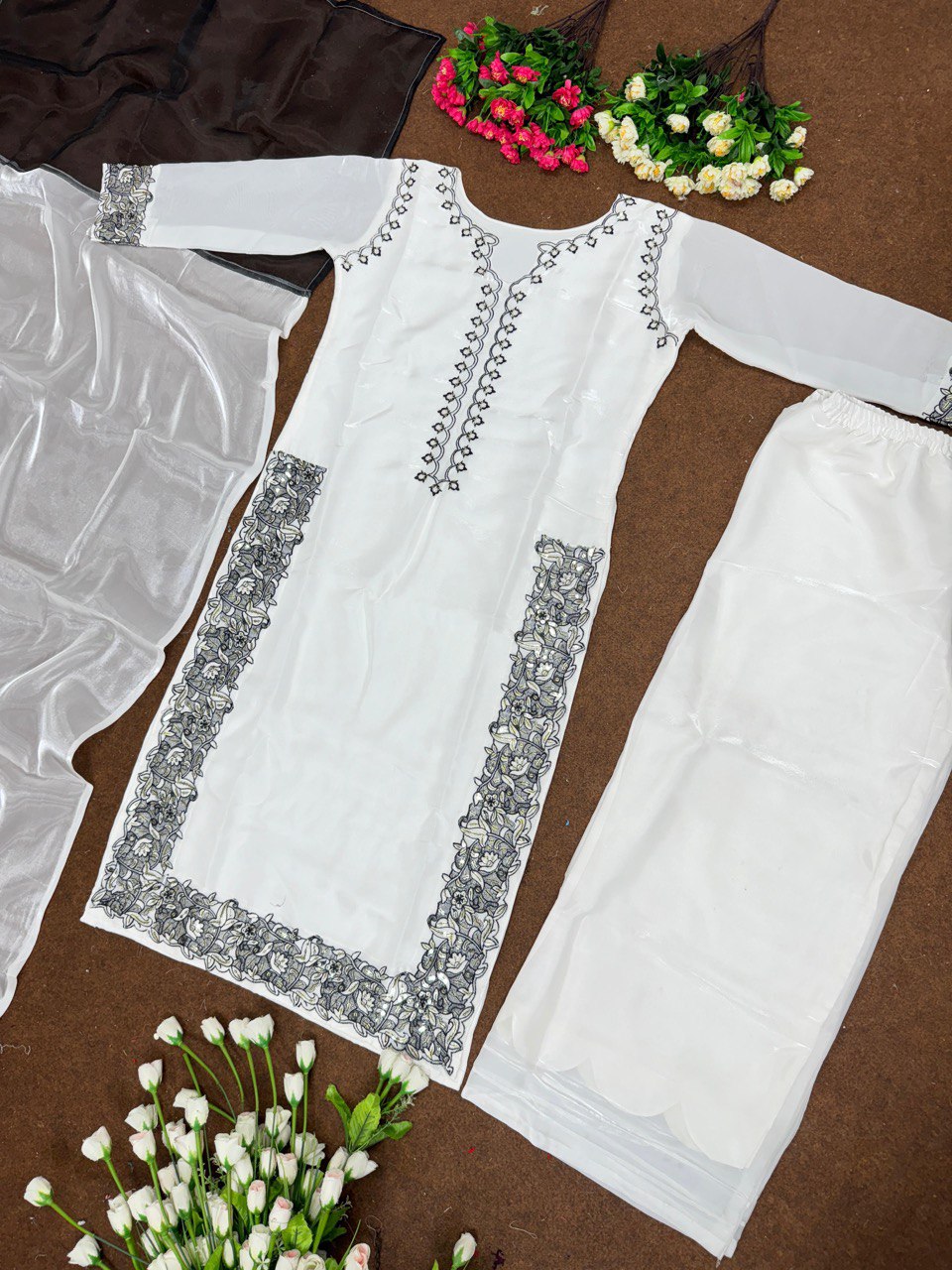 Heavy Embroidered, Designer Free Size Jimmy Choo White Kurti Palazzo Suit Set