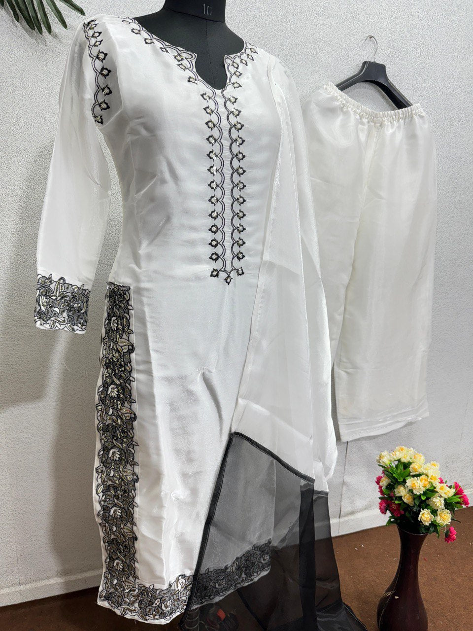 Heavy Embroidered, Designer Free Size Jimmy Choo White Kurti Palazzo Suit Set