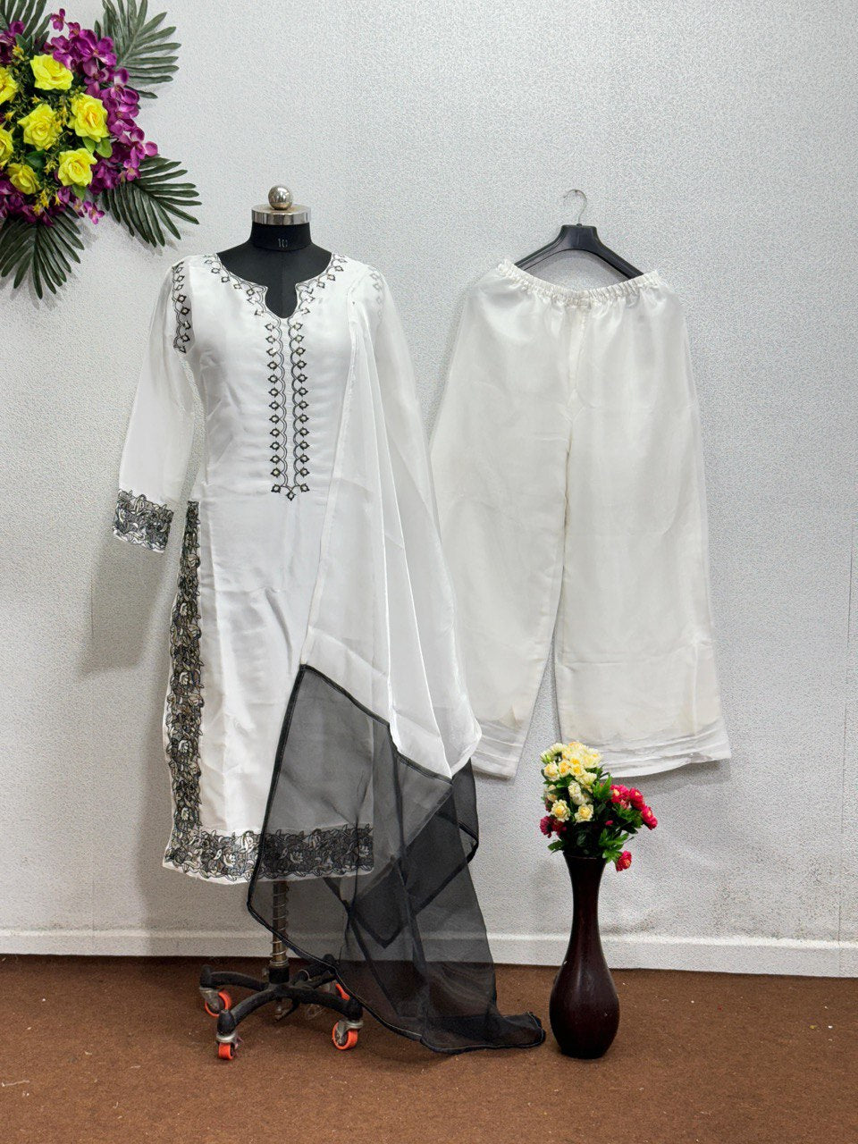 Heavy Embroidered, Designer Free Size Jimmy Choo White Kurti Palazzo Suit Set