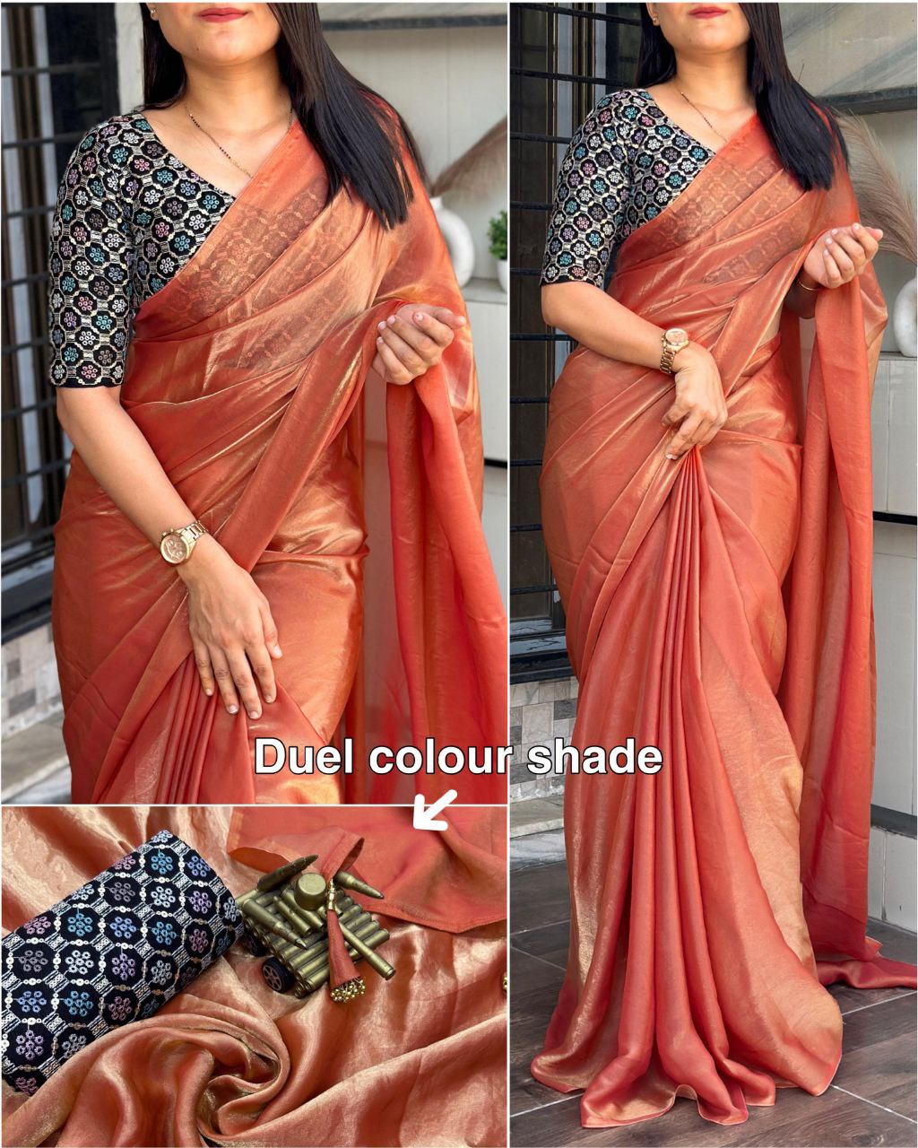 Luxury Dual Shade Fendy Satin Saree with Pearl Tassles & Blooming Georgette Blouse