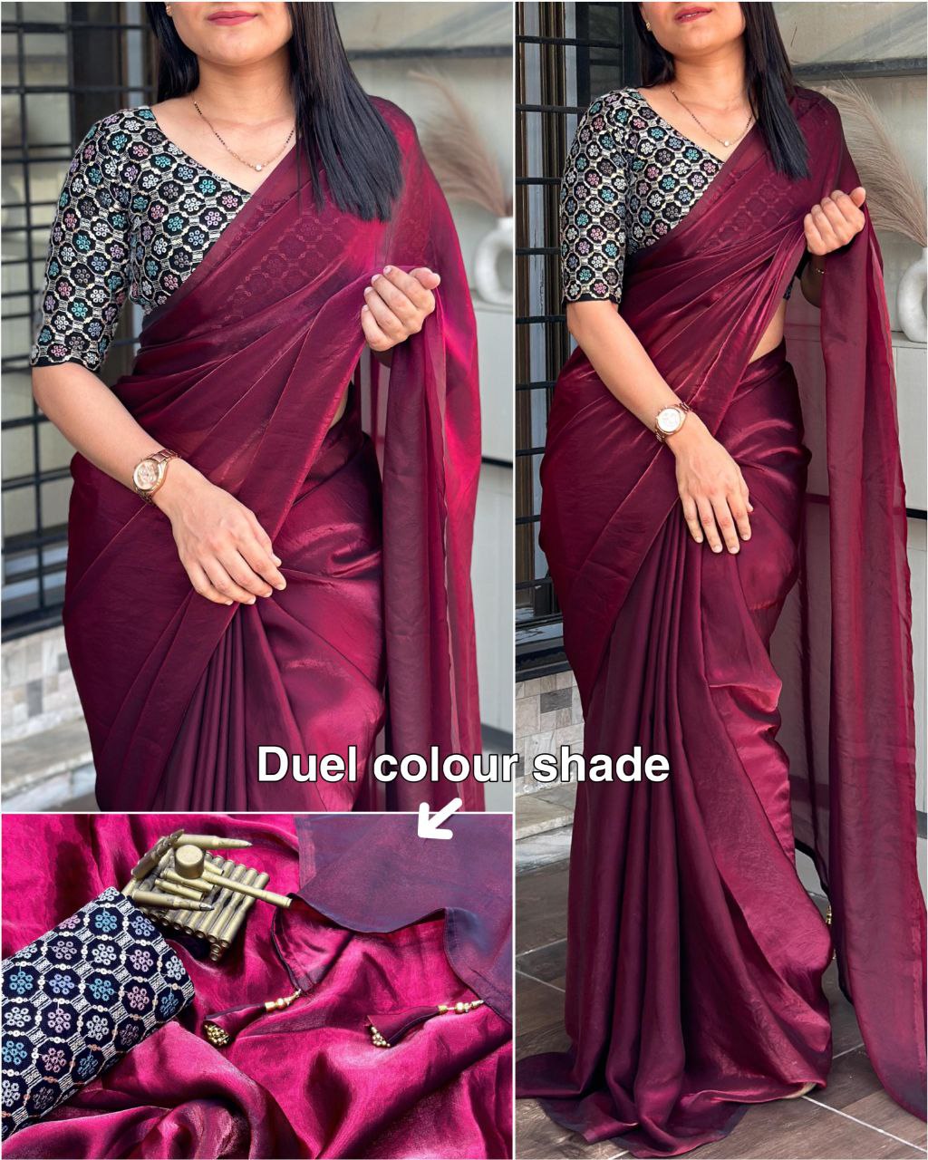 Luxury Dual Shade Fendy Satin Saree with Pearl Tassles & Blooming Georgette Blouse