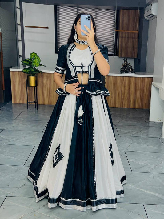 Ethnic Women Cotton Navratri Wear Lehenga Set – Black and White with Traditional and Mirror Work