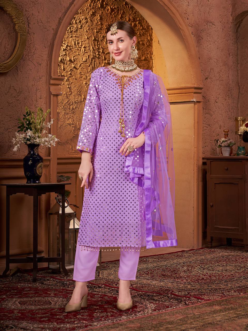 Designer Embroidery Sequins Work Party Wear Kurta Set with Fancy Dupatta