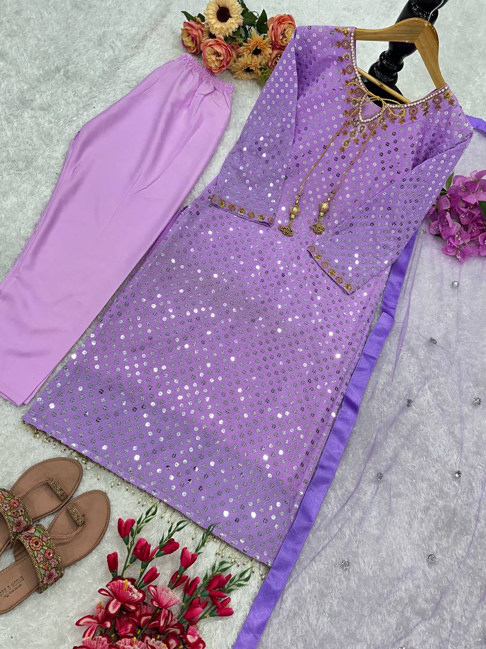 Designer Embroidery Sequins Work Party Wear Kurta Set with Fancy Dupatta