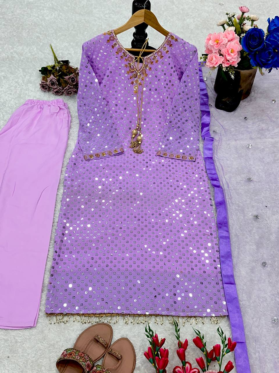 Designer Embroidery Sequins Work Party Wear Kurta Set with Fancy Dupatta