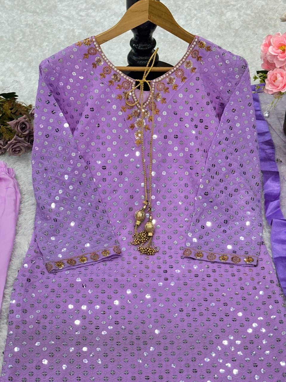 Designer Embroidery Sequins Work Party Wear Kurta Set with Fancy Dupatta