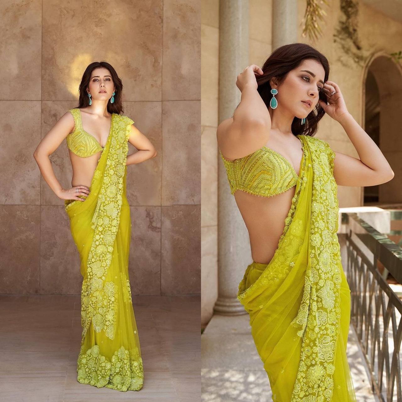 Women's Thread & Sequence Work Lime Yellow Colour Designer Tabby Silk Saree with Blouse