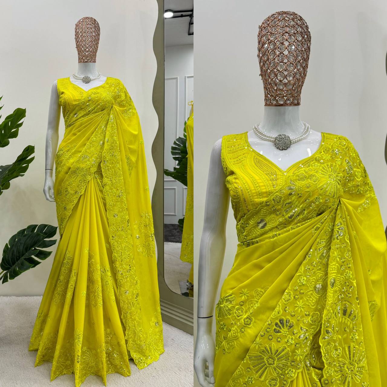 Women's Thread & Sequence Work Lime Yellow Colour Designer Tabby Silk Saree with Blouse