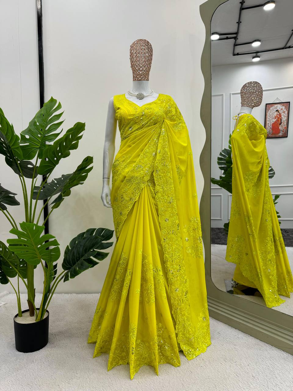 Women's Thread & Sequence Work Lime Yellow Colour Designer Tabby Silk Saree with Blouse