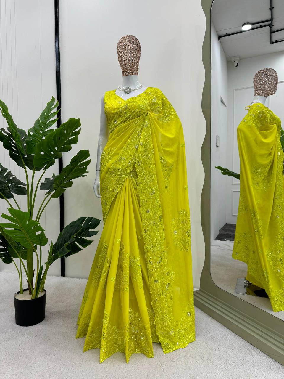 Women's Thread & Sequence Work Lime Yellow Colour Designer Tabby Silk Saree with Blouse