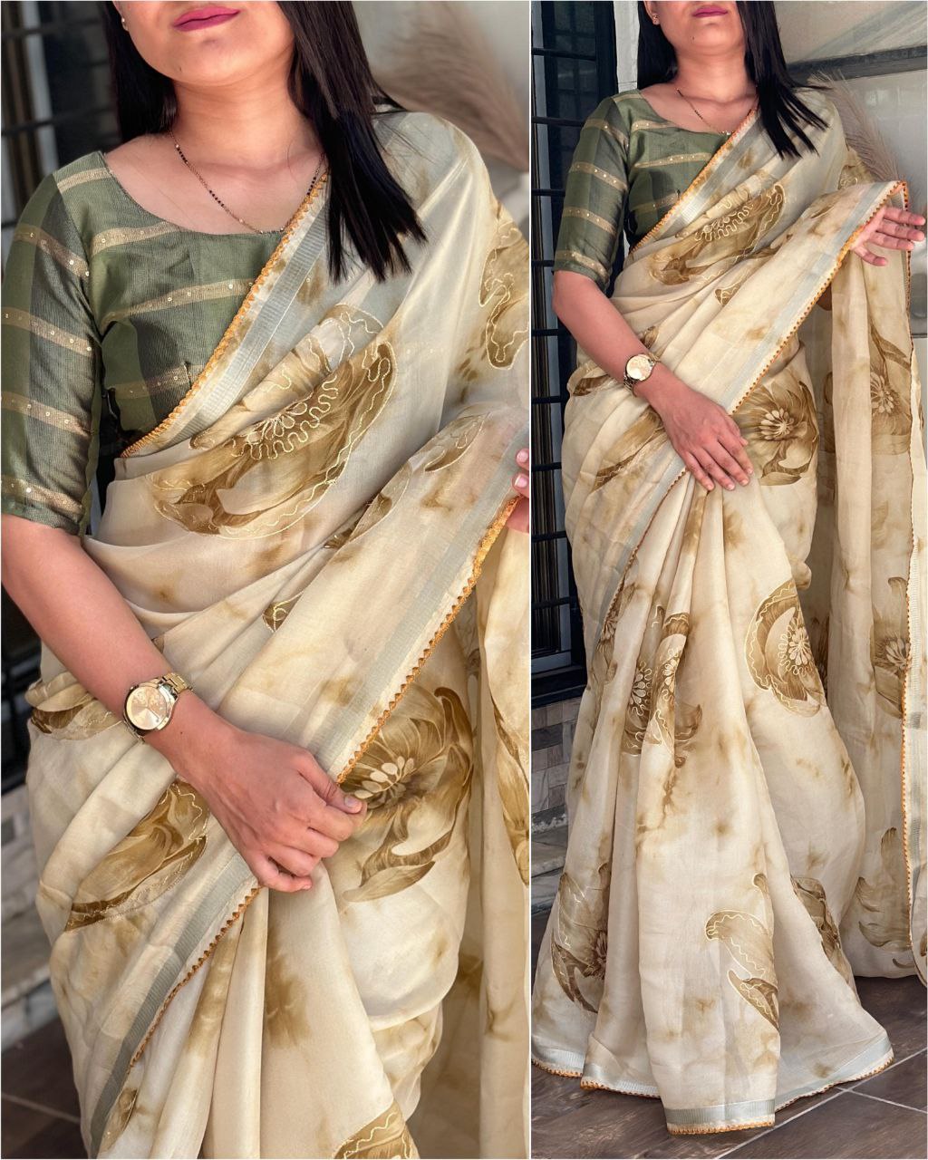 Women's Embroidered With Zari Border Soft Organza Printed Saree With Jacquard Cotton Blouse