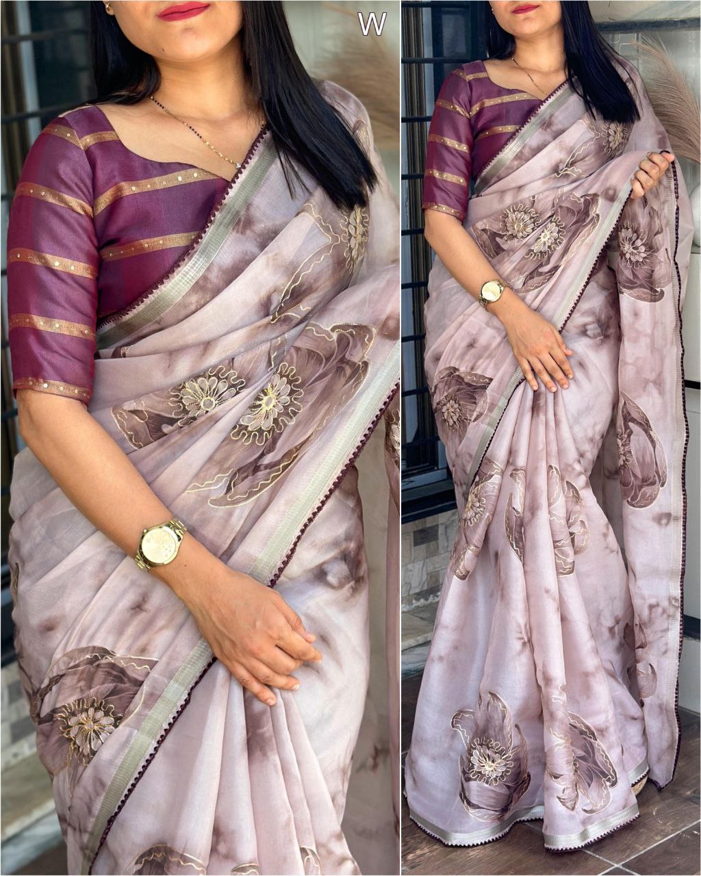 Women's Embroidered With Zari Border Soft Organza Printed Saree With Jacquard Cotton Blouse