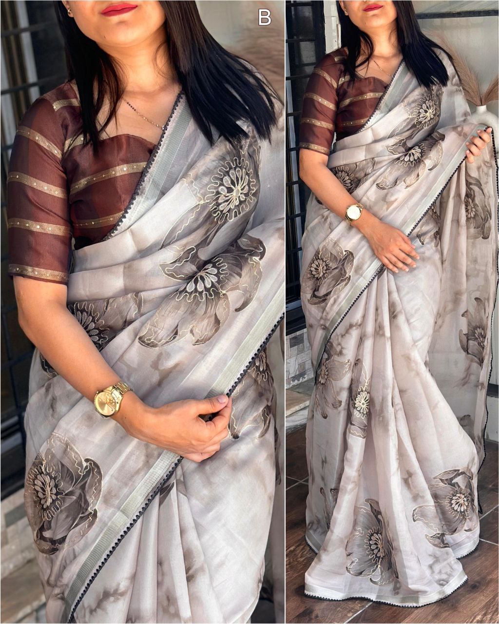 Women's Embroidered With Zari Border Soft Organza Printed Saree With Jacquard Cotton Blouse