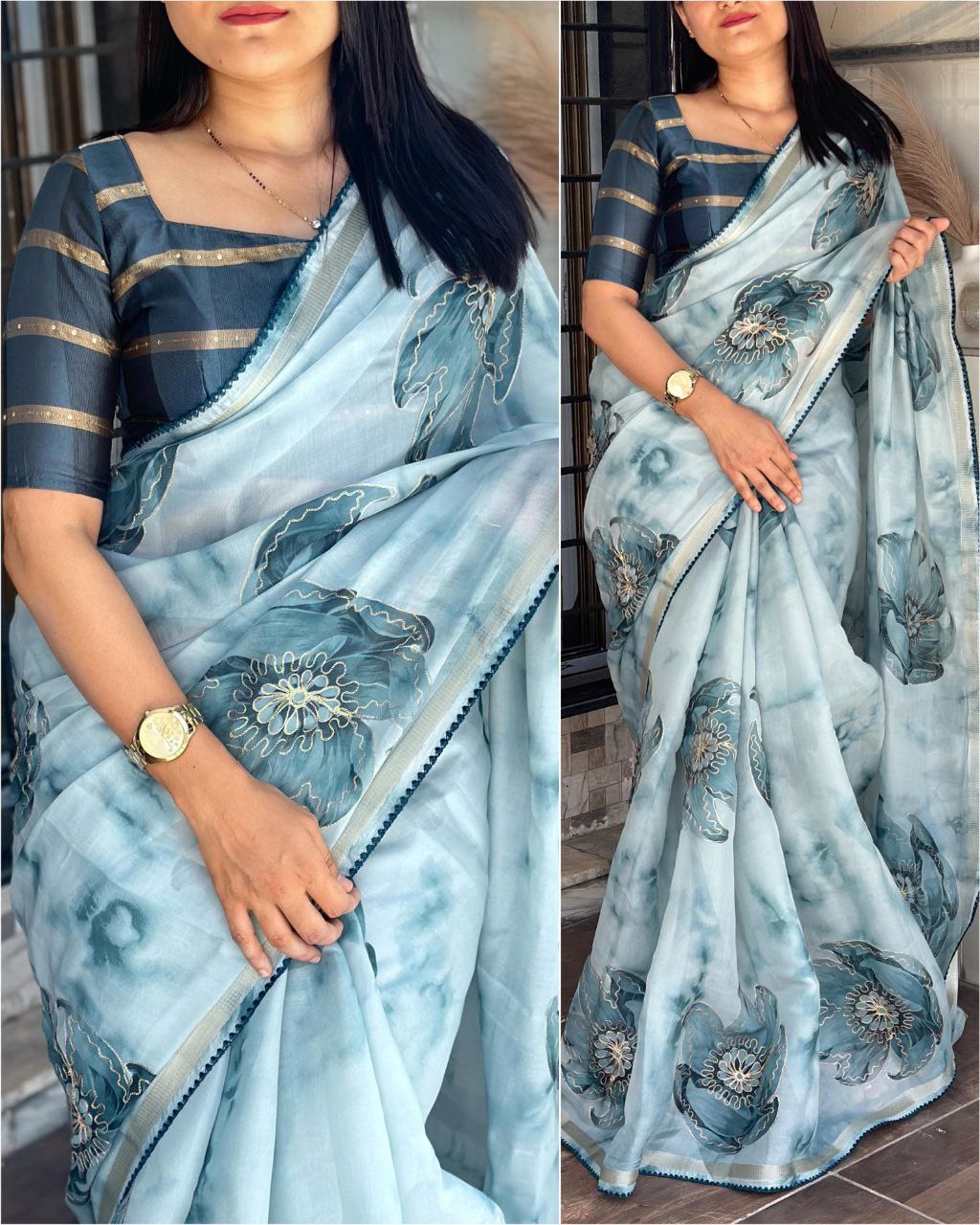 Women's Embroidered With Zari Border Soft Organza Printed Saree With Jacquard Cotton Blouse