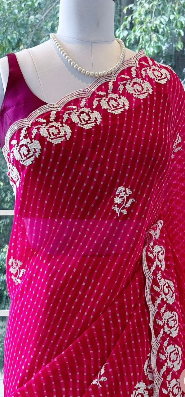 Raksha Bandhan Special  Embroidery and Hand Sequence Bandhani Print Saree With Blouse