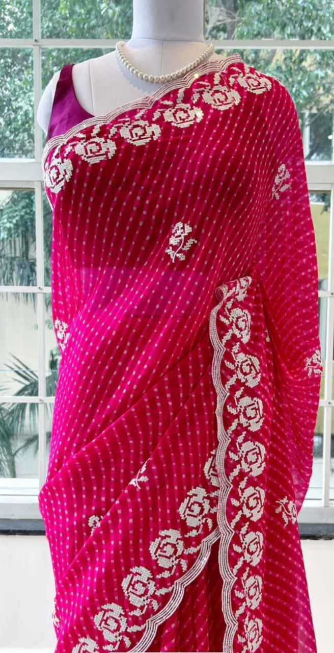 Raksha Bandhan Special  Embroidery and Hand Sequence Bandhani Print Saree With Blouse