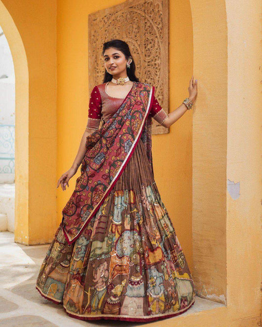 Kalamkari Lehenga Choli Set - Embroidered Choli, Kalamkari Print Lehenga & Dupatta