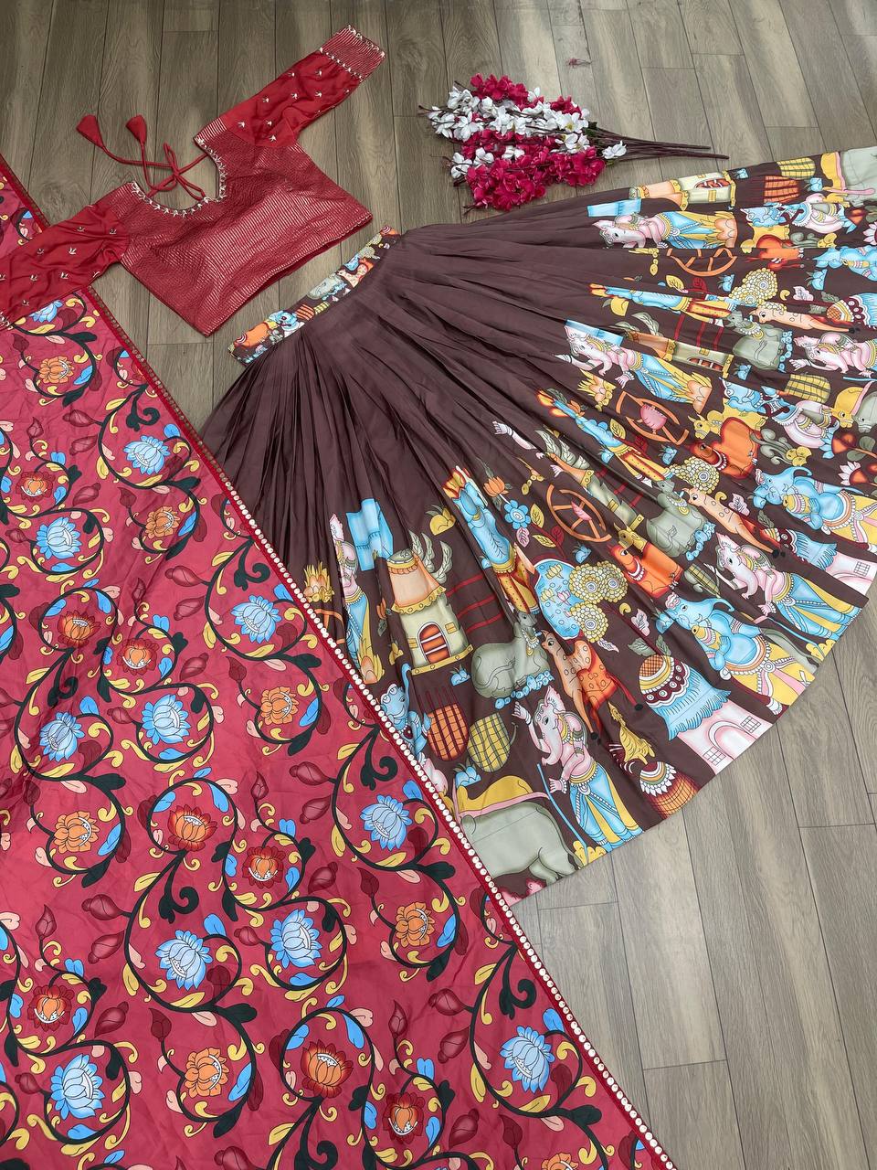 Kalamkari Lehenga Choli Set - Embroidered Choli, Kalamkari Print Lehenga & Dupatta