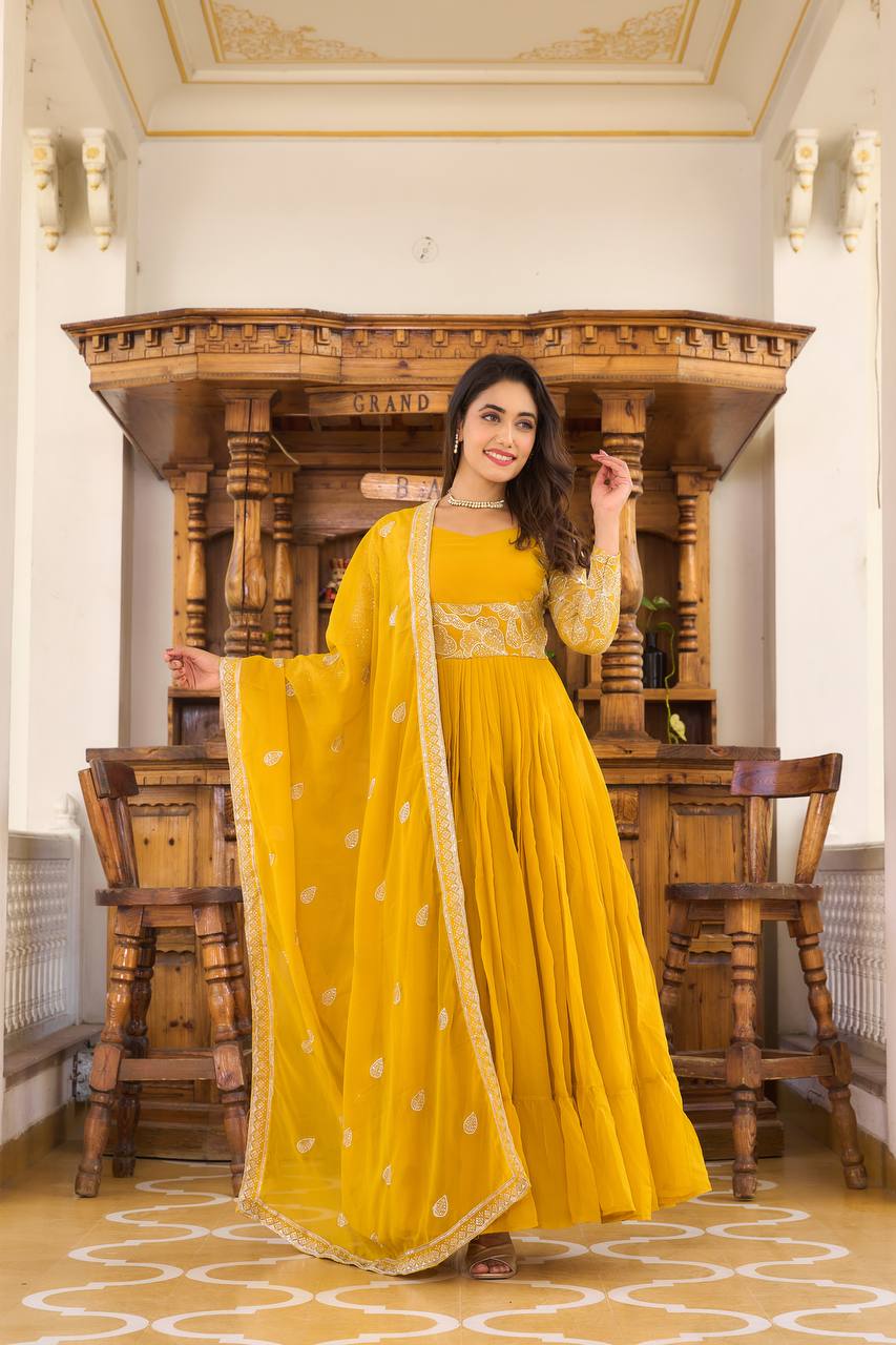 Stunning Festival Gown with Heavy Sequence Embroidery and Matching Dupatta