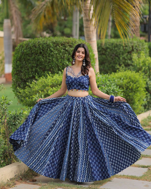 Designer Pure Maslin Printed & Mirror Work Lehenga Choli with Dupatta