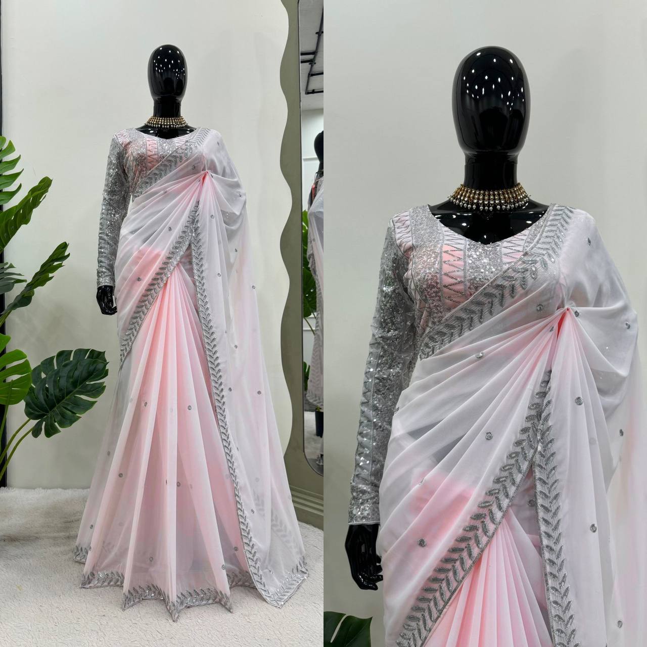 Beautiful Thread & Sequence Work Whitening Peach Designer Saree With Blouse