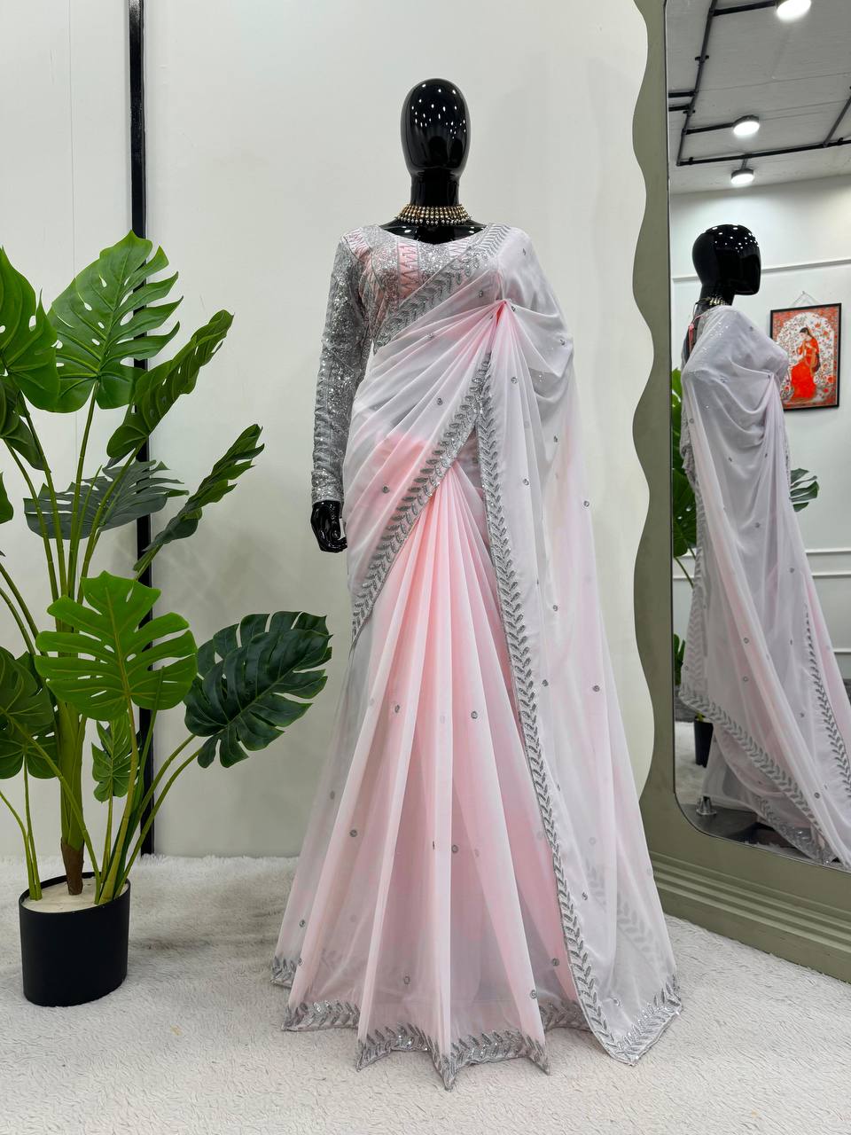 Beautiful Thread & Sequence Work Whitening Peach Designer Saree With Blouse