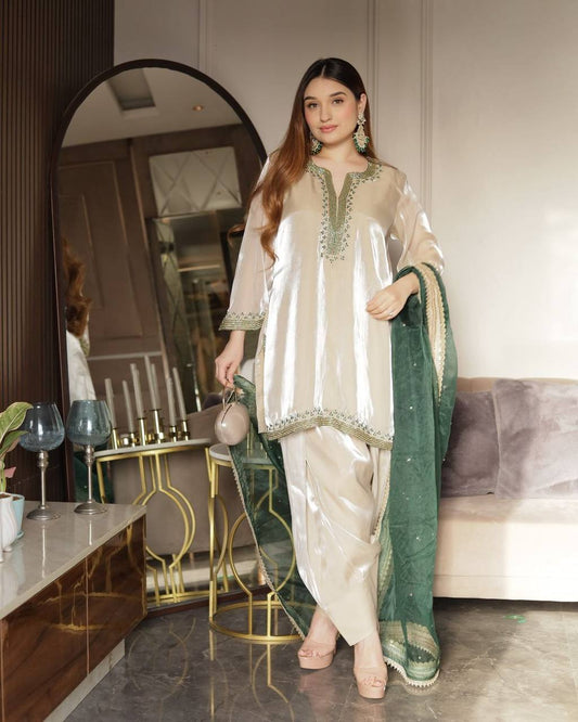 Trending Fancy Jimmy Choo Sequence Embroidery Work Kurta Top with Dupatta and Patiala Pant