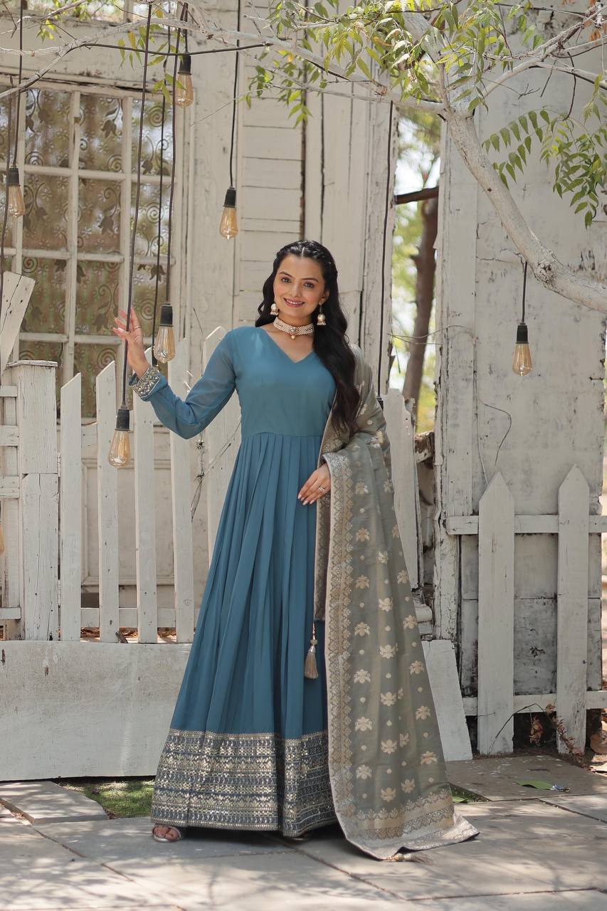 Faux Georgette with Rich Sequins Embroidered Work Gown with Dupatta