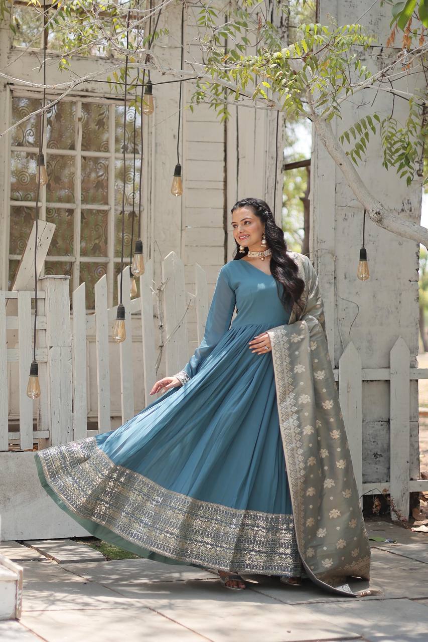 Faux Georgette with Rich Sequins Embroidered Work Gown with Dupatta