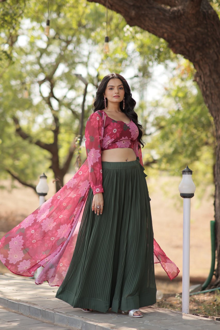 Beautiful  Digital Flower Print Faux Georgette Lehenga Choli with Shrug Set