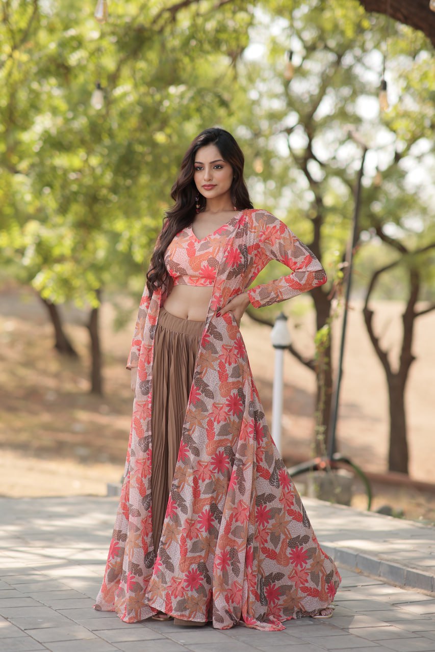 Beautiful  Digital Flower Print Faux Georgette Lehenga Choli with Shrug Set