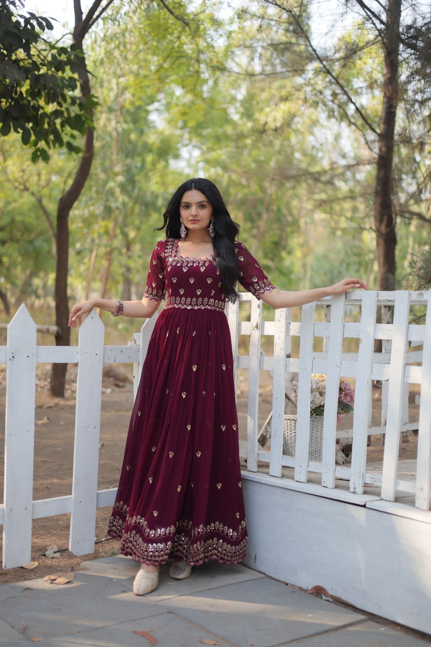 Embroidery Zari Sequins-work  Designer Faux Blooming Readymade Gown